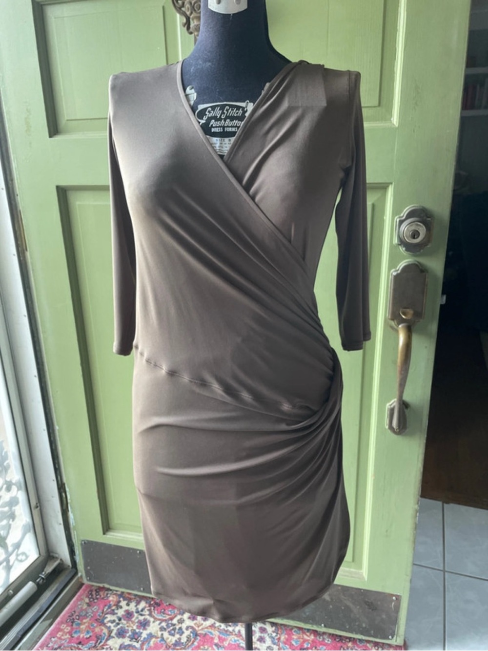 eva varro Brown Ruched Faux-Wrap Midi Dress